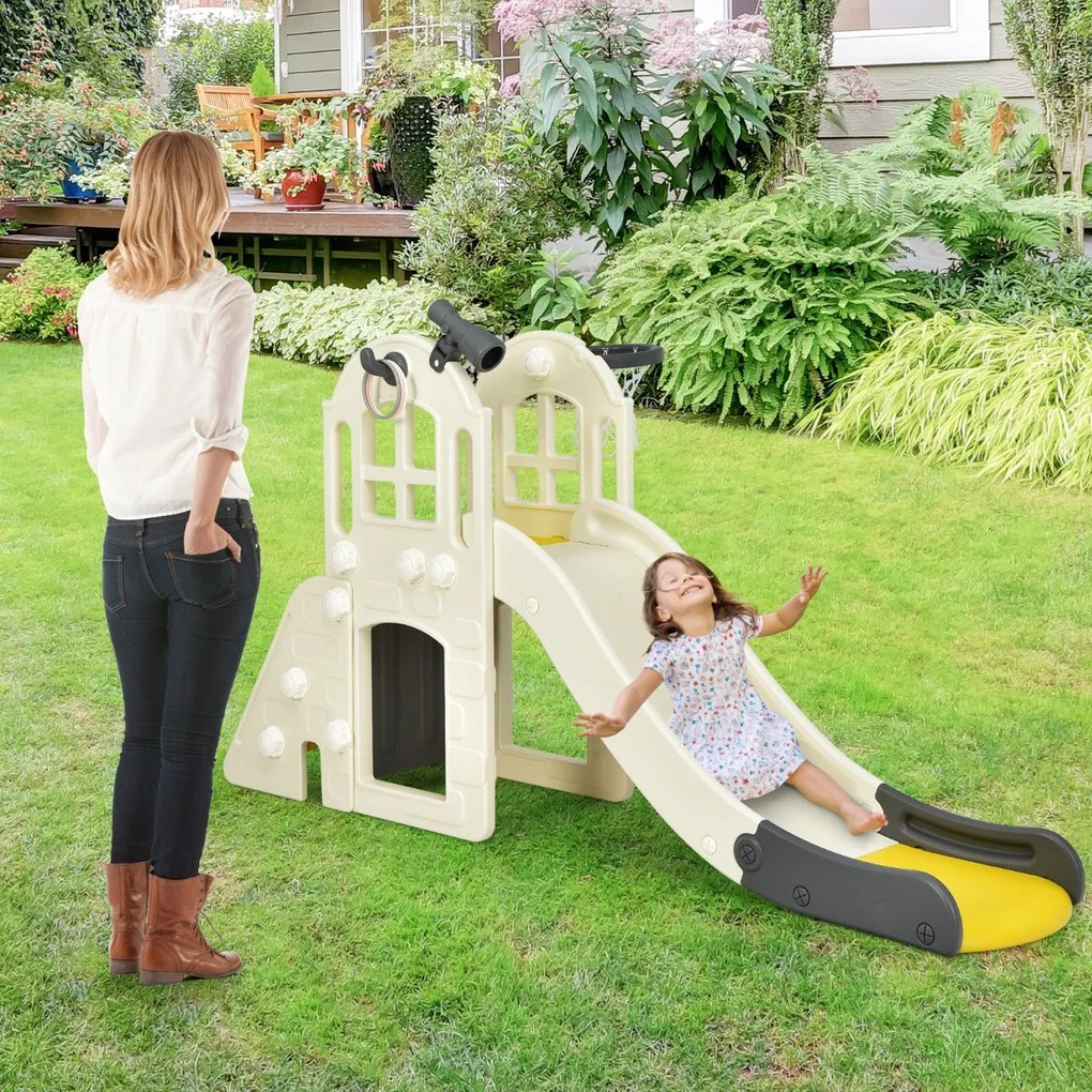 Costway Scivolo grande per bambini 6 in 1 con canestro palla lancio dell'anello e cannocchiale, Set da gioco Giallo
