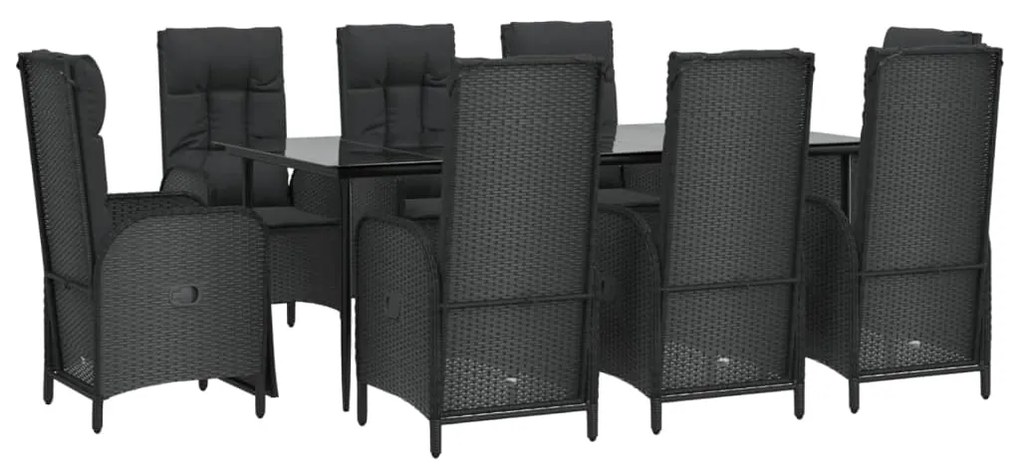 Set da pranzo da giardino 9 pz con cuscini nero in polyrattan