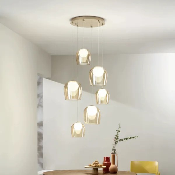 Lampada a sospensione in metallo Oro e vetri Ambra SANTOS 6 Luci Led 45 cm