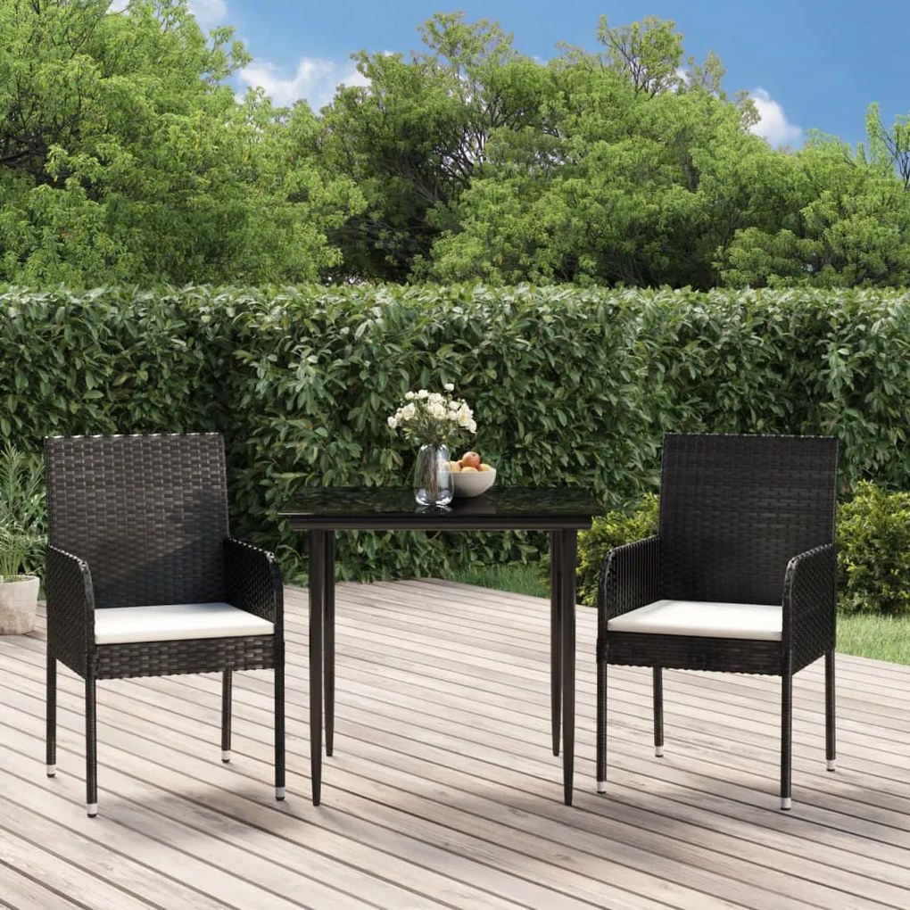 Set da Pranzo da Giardino 3 pz con Cuscini Nero in Polyrattan