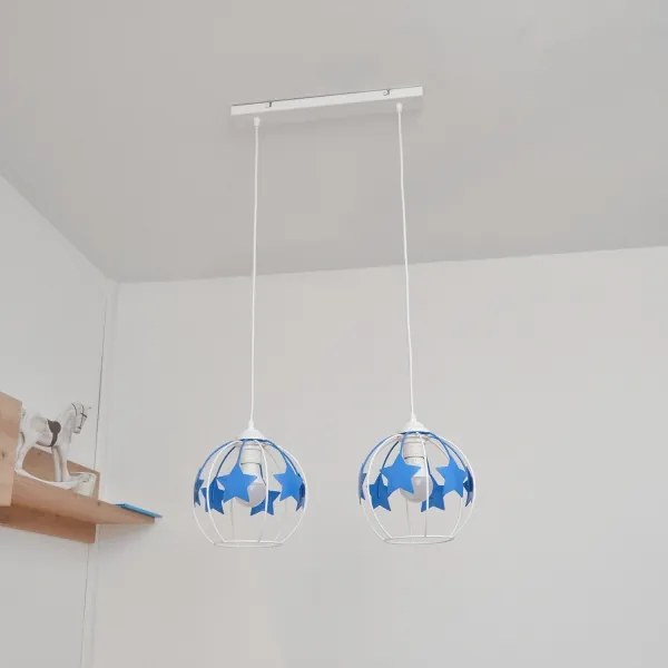 Lampadario a sospensione per bambini STARS 2xE27/15W/230V blu/bianco