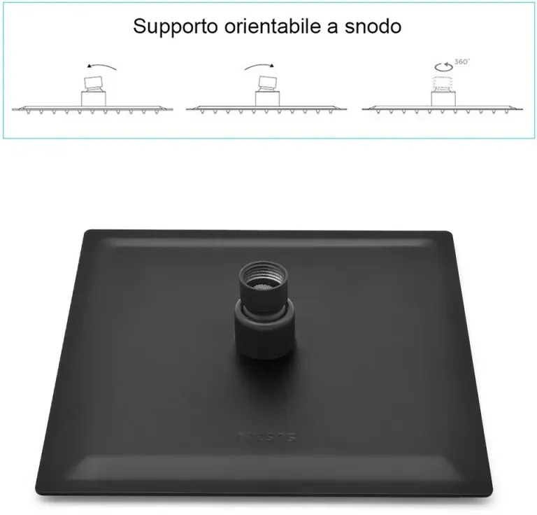 Soffione doccia quadrato 20x20 cm con braccio 30 cm in acciaio nero opaco