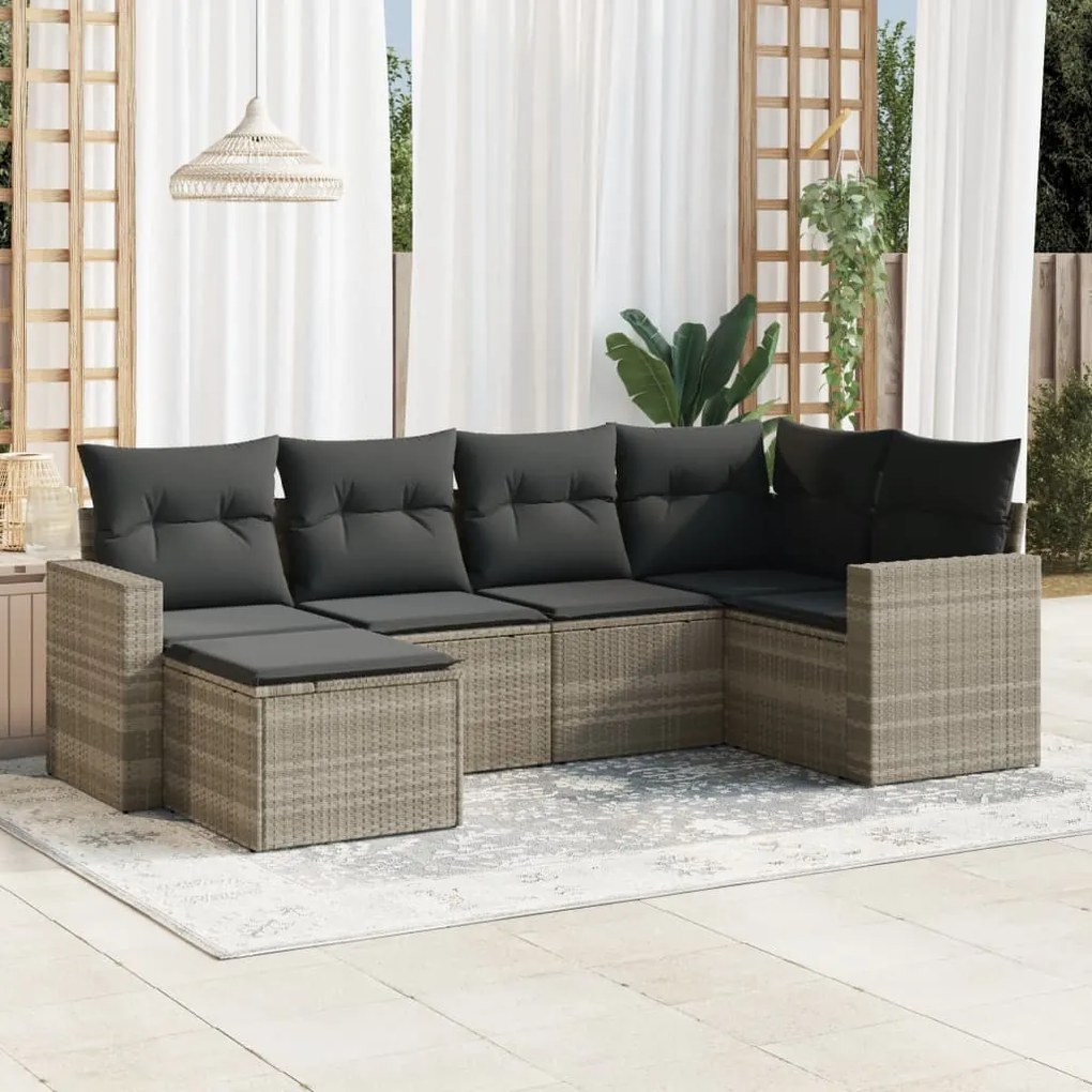 Set divano da giardino 6pz con cuscini grigio chiaro polyrattan