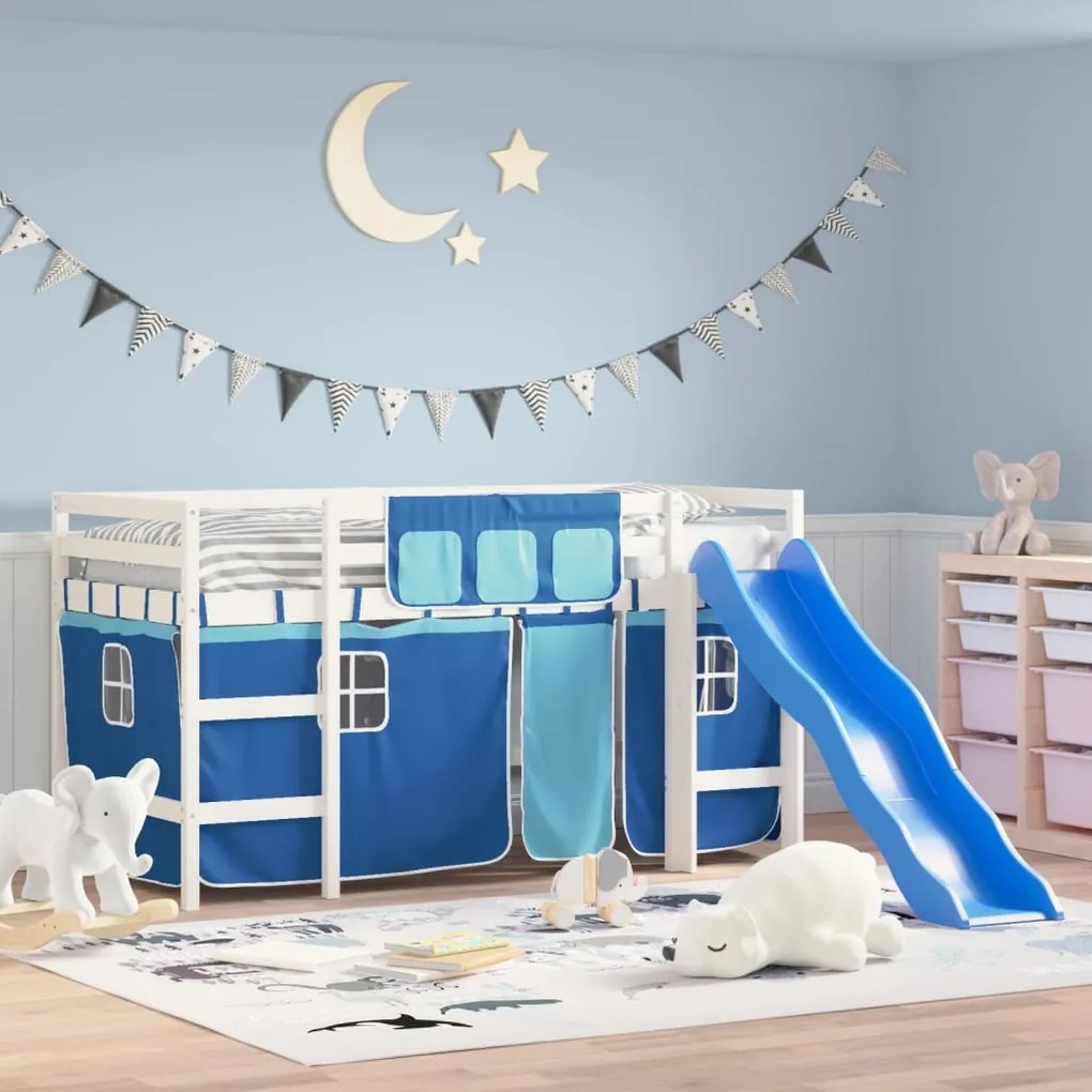 Letto A Soppalco Con Tende Bambini Blu 90x200 Cm Massello Pino /