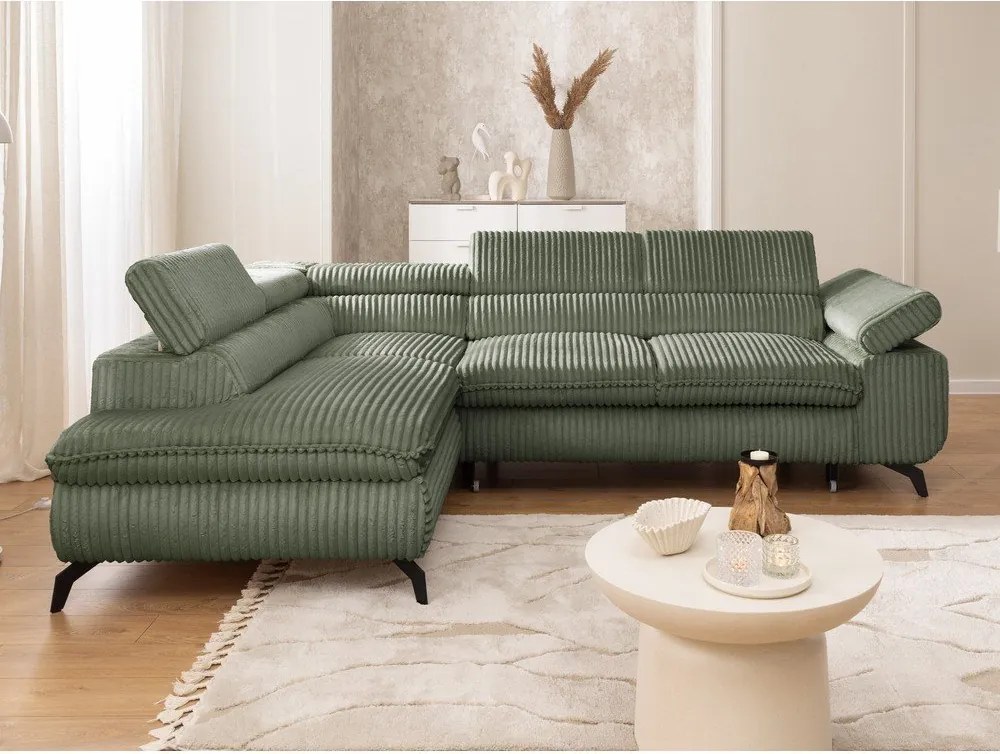 Divano angolare verde (con penisola a sinistra/a L) con rivestimento in velluto a coste Marbeya – Ropez