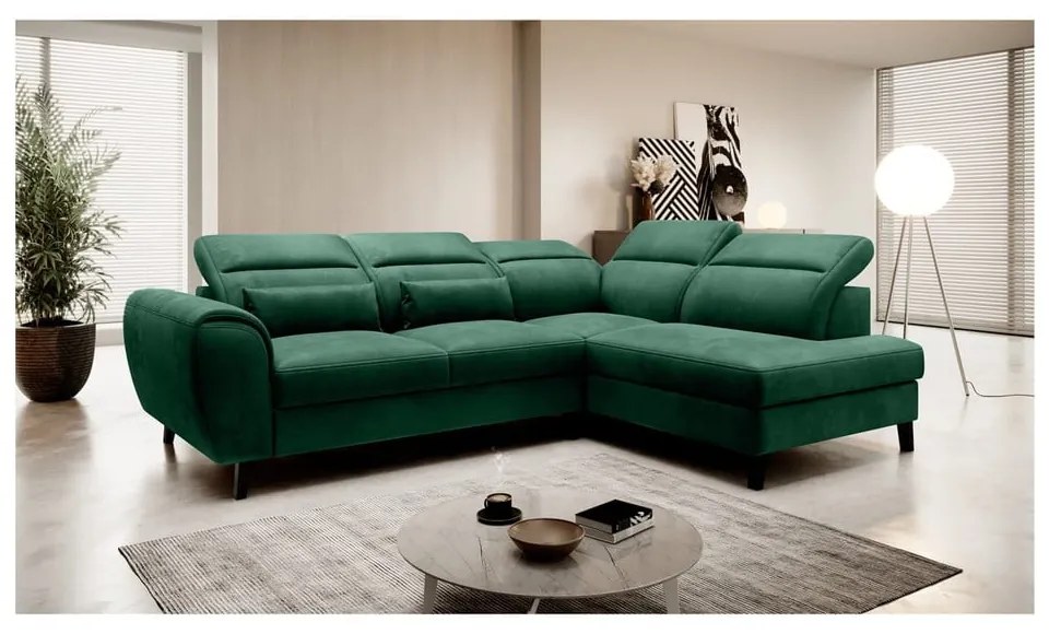 Divano angolare verde allungabile/con contenitore (con penisola a destra/a L) e rivestimento in velluto Noble – ELTAP