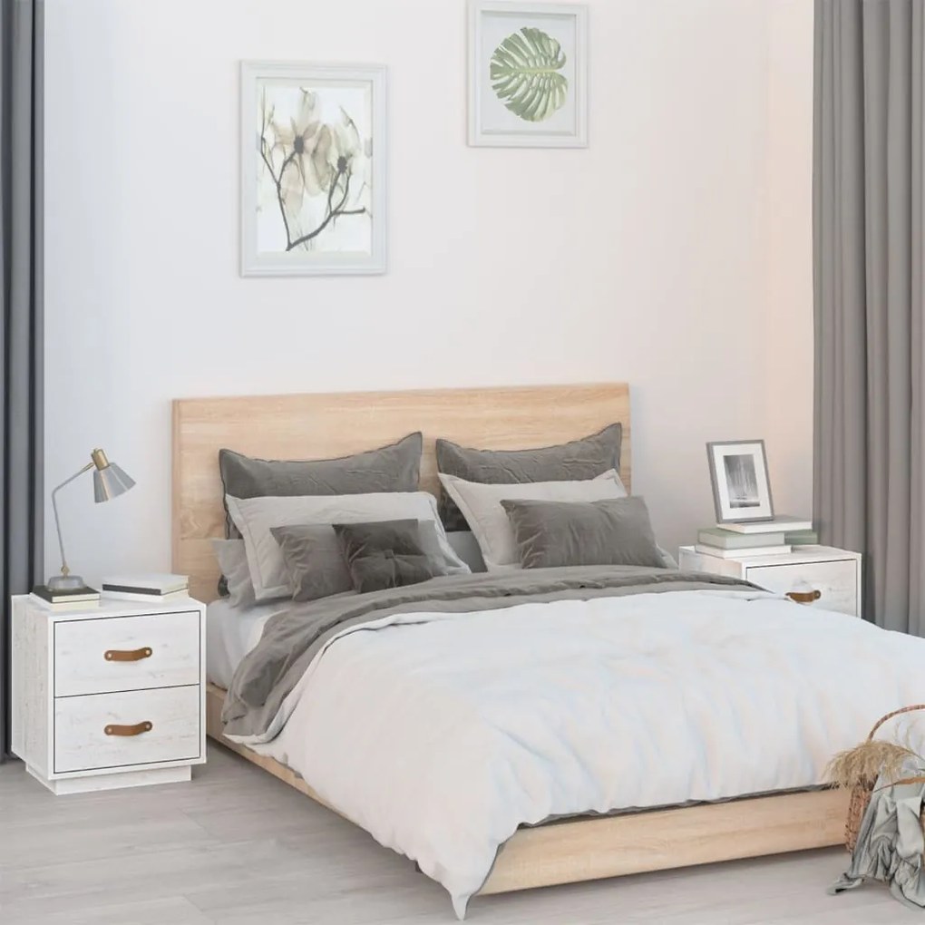 Comodini Bianchi 2 Pz 40x34x45 Cm İn Legno Massello Di Pino /