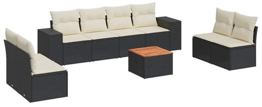 Set divani da giardino 9 pz con cuscini nero in polyrattan