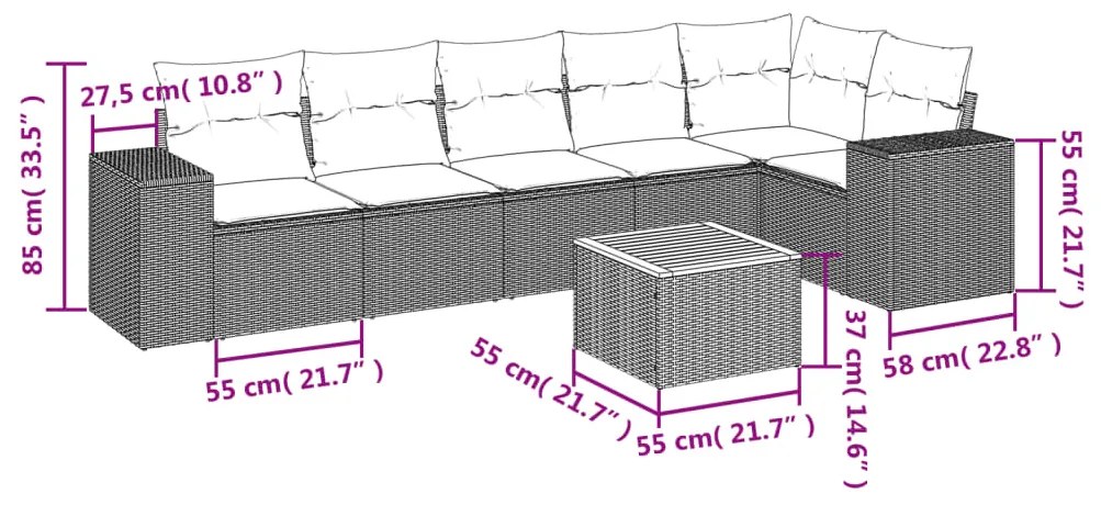 Set divani da giardino 7 pz con cuscini grigio in polyrattan