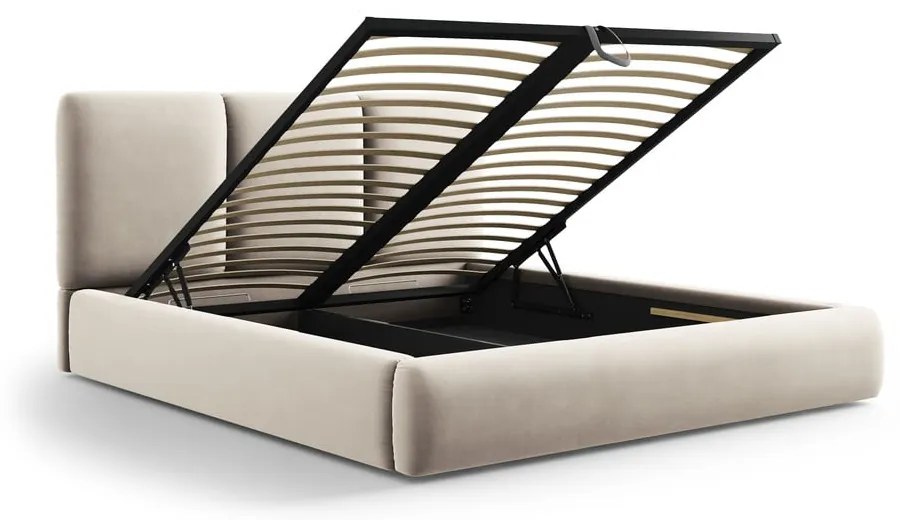 Letto matrimoniale imbottito color crema in velluto con contenitore con rete inclusa 160x200 cm Brody – Mazzini Beds