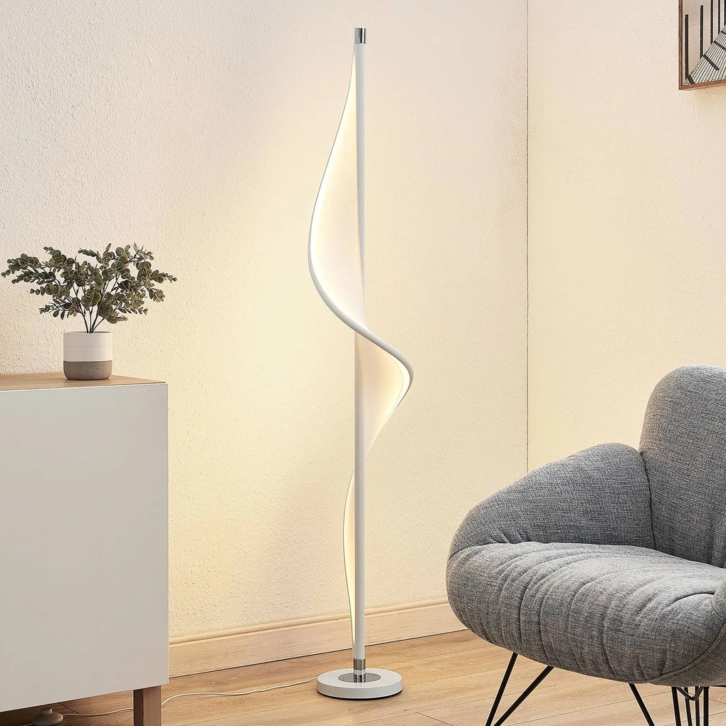 Lucande lampada LED da pavimento Edano, 154 cm, bianco, tessuto, dimmerabile