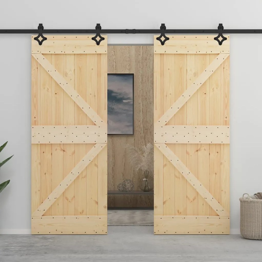 Porta Scorrevole Con Set Hardware 80x210 Cm İn Legno Di Pino /