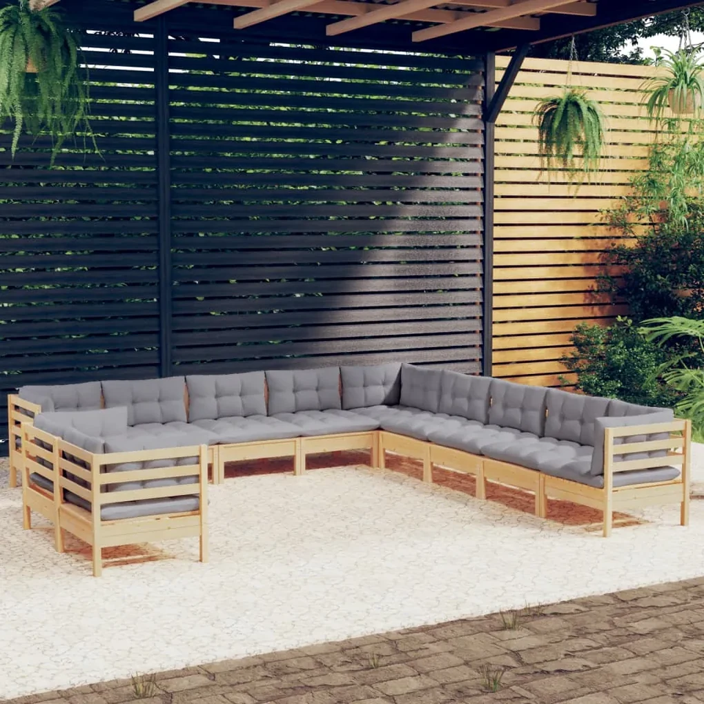 Set divani da giardino 11 pz con cuscini grigi massello di pino