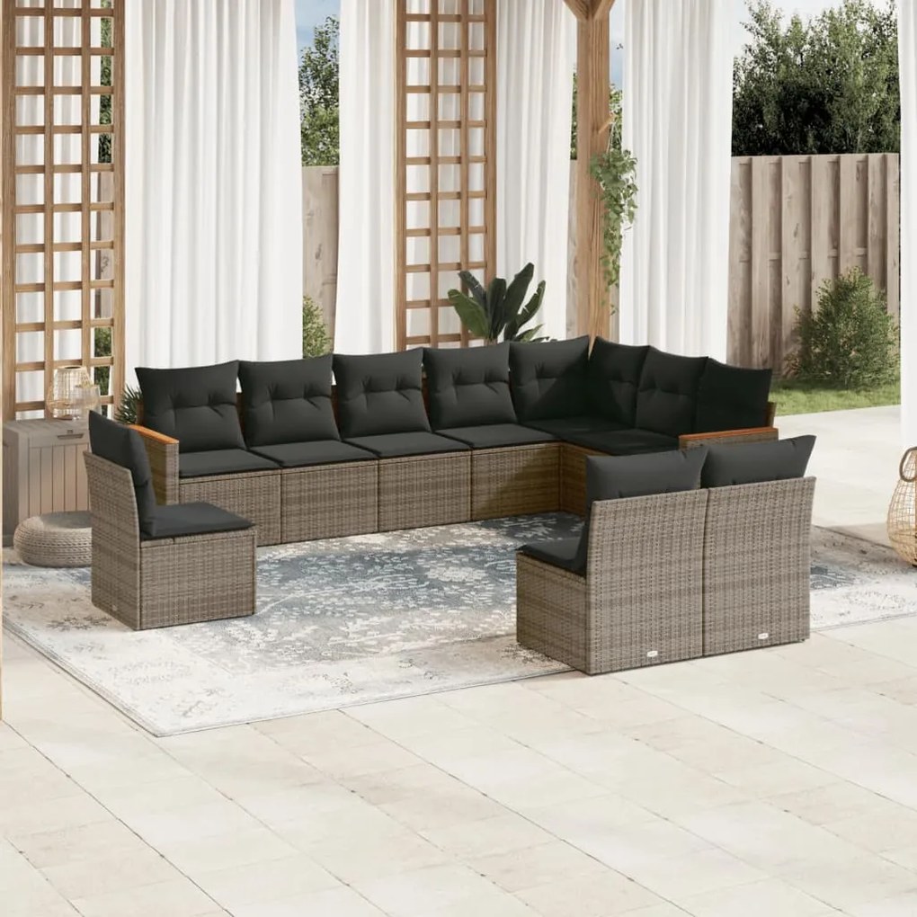 Set divano da giardino 10 pz con cuscini grigio in polyrattan