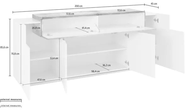 Credenza Moderna A 4 Ante 200x45x85,5 Bianco Lucido/Effetto Legno Corona