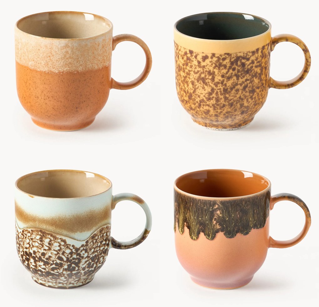 Set di 4 tazze fatte a mano con smalto reattivo 70's
