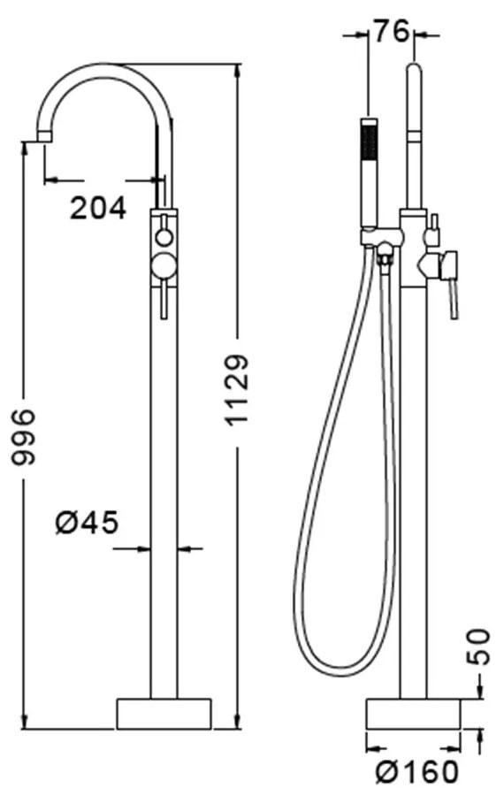 New line miscelatore vasca a pavimento con doccetta e flessibile 150 cm nero opaco