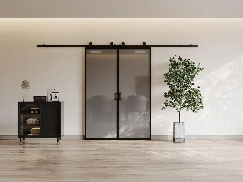 Porta scorrevole doppia sistema esterno muro alluminio e vetro temp. fumé smerigliato 2xH205xL63cm - LINCI II