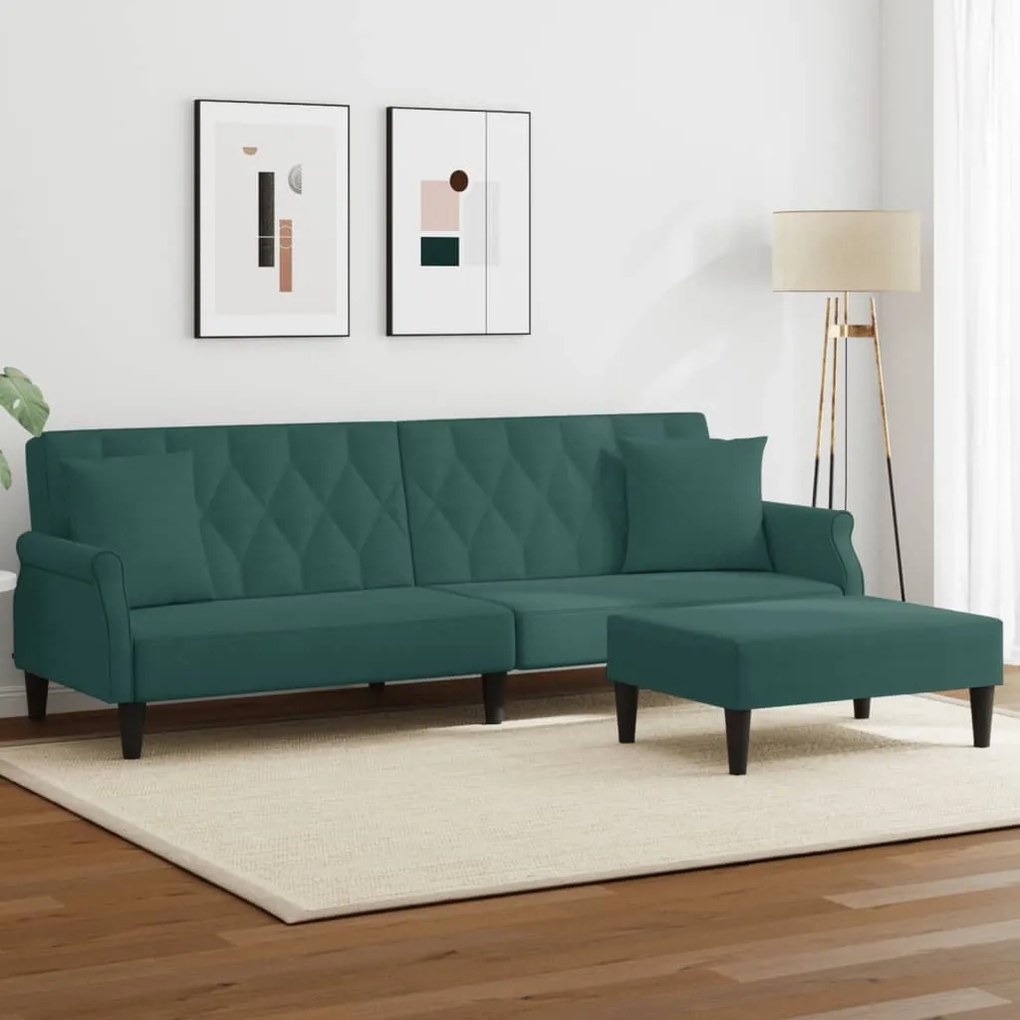 Divano Letto 2 Posti Cuscini E Poggiapiedi Verde Scuro Velluto /