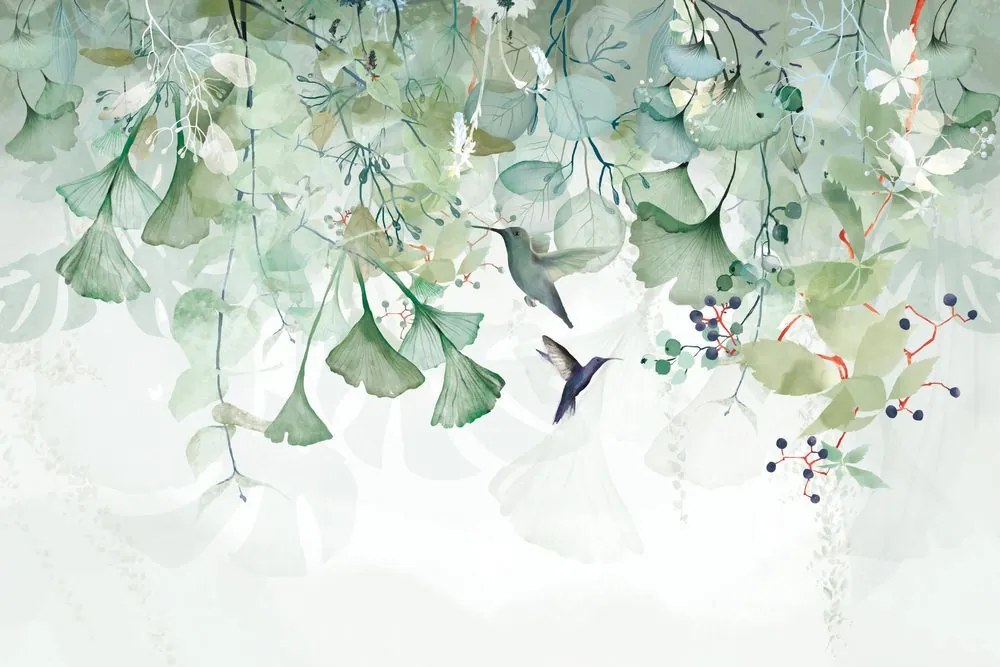 Carta da parati – Foglie Verdi con Colibrì