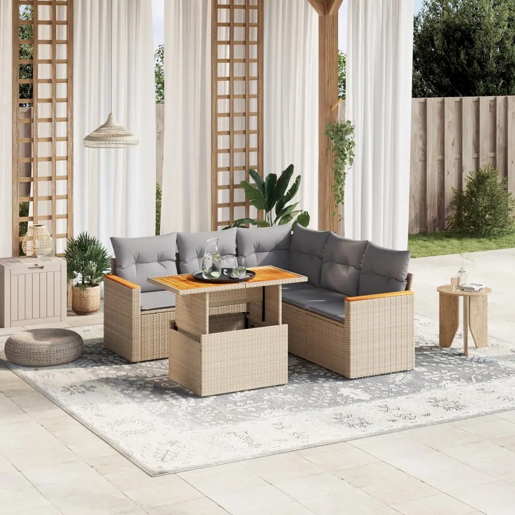 Set divano da giardino 6 pz con cuscini beige in polyrattan