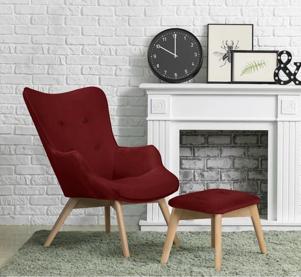 Poltrona con poggiapiedi rossa con rivestimento in velluto Niko – Ropez