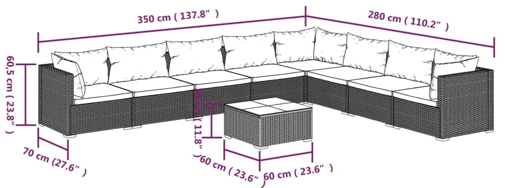 Set Salotto da Giardino 9 pz con Cuscini in Polyrattan Nero