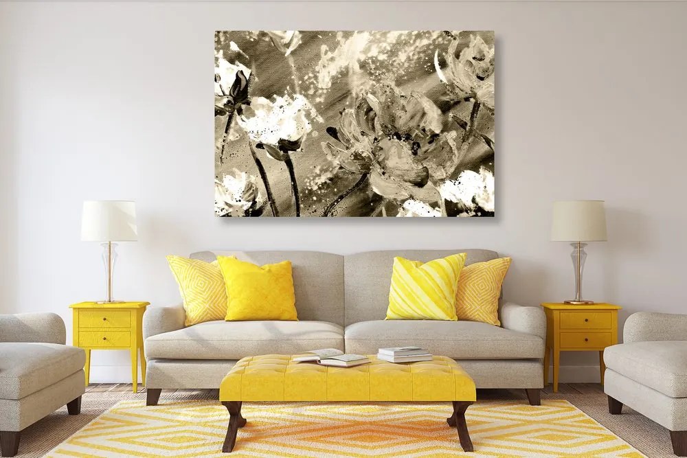 Quadro su tela – Fiori dipinti in versione seppia