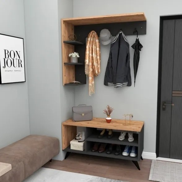 Mobile Ingresso Ad Angolo Con Appendiabiti E Scarpiera Effetto Legno E Antracite Samle
