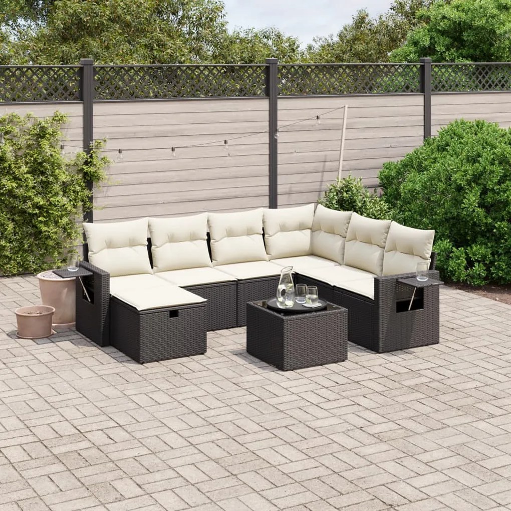 Set divani da giardino con cuscini 8 pz nero in polyrattan