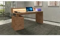 Scrivania Dcaligar, Scrittoio con sopralzo e luci LED, Scrivania ufficio multiuso, Scrivania salvaspazio multi posizione, 160x60h90 cm, Rovere