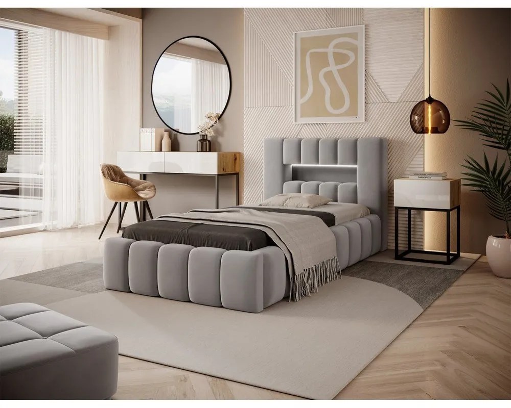 Letto singolo imbottito grigio con contenitore e rete inclusi 90x200 cm Lamica – ELTAP