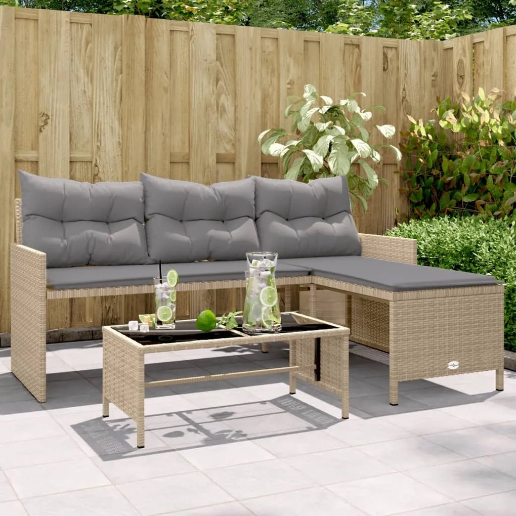 Divano giardino con tavolo e cuscini a l beige misto polyrattan