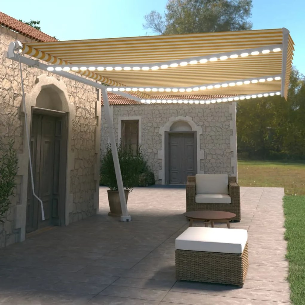 Tenda Da Sole Retrattile Manuale Led 600x350 Cm Giallo Bianco /
