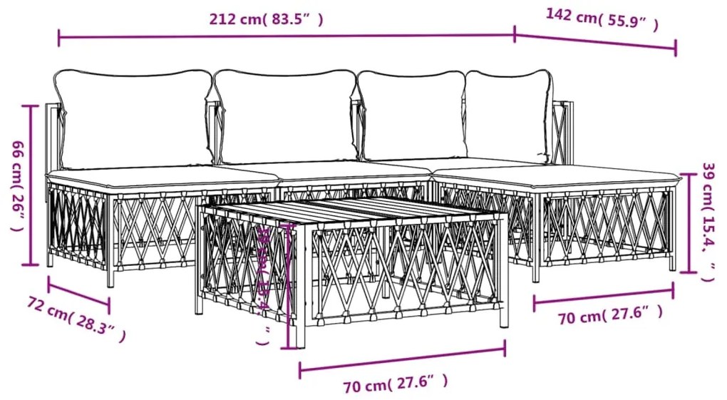 Set Salotto da Giardino 5 pz con Cuscini in Acciaio Bianco