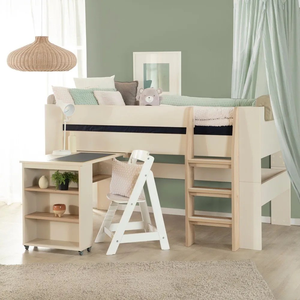 Letto da bambini rialzato beige con contenitore e scrivania rete non inclusa 90x200 cm Studio – Roba