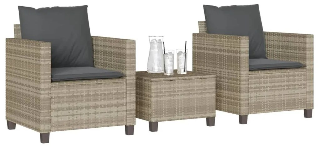 Set da bistrò 3 pz con cuscini grigio chiaro in polyrattan