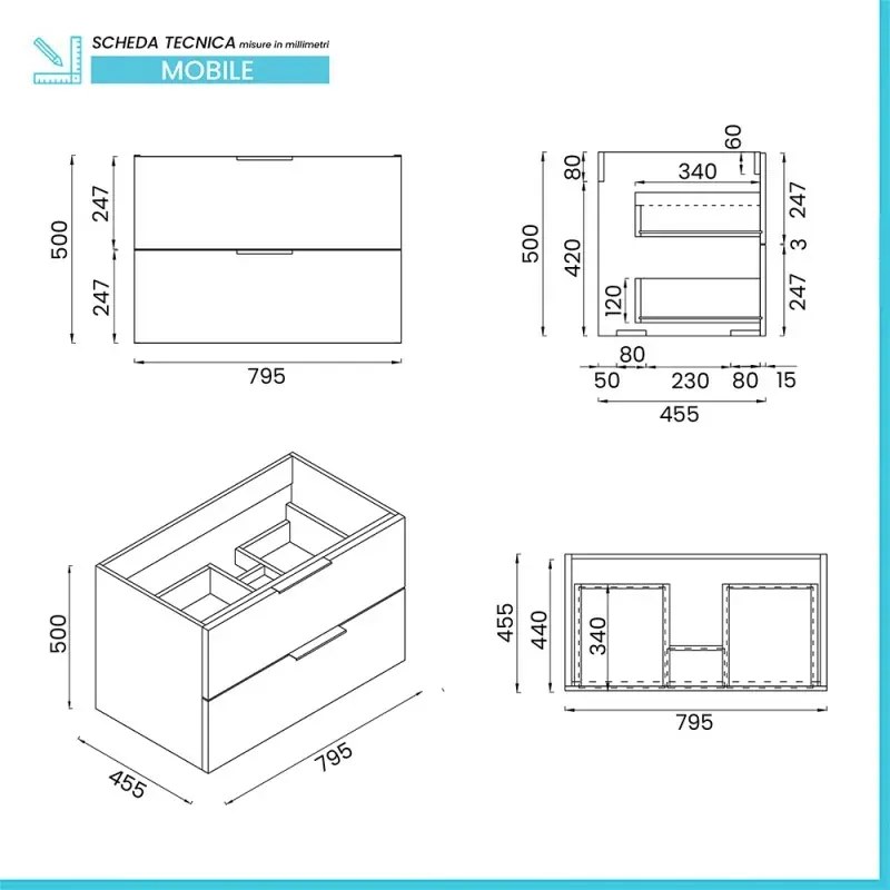 Mobile bagno sospeso 80cm rovere con cassetti lavabo e specchio Elva