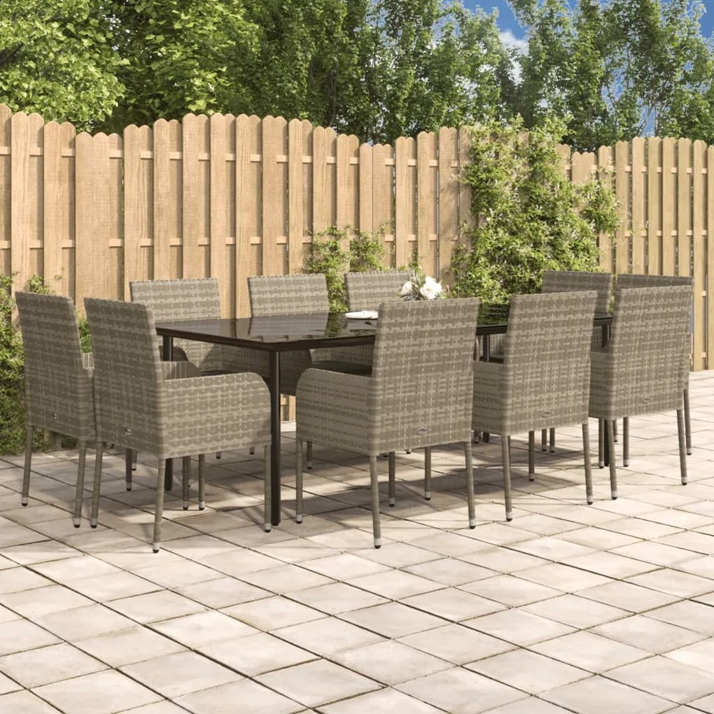 Set mobili giardino 11 pz con cuscini polyrattan nero e grigio