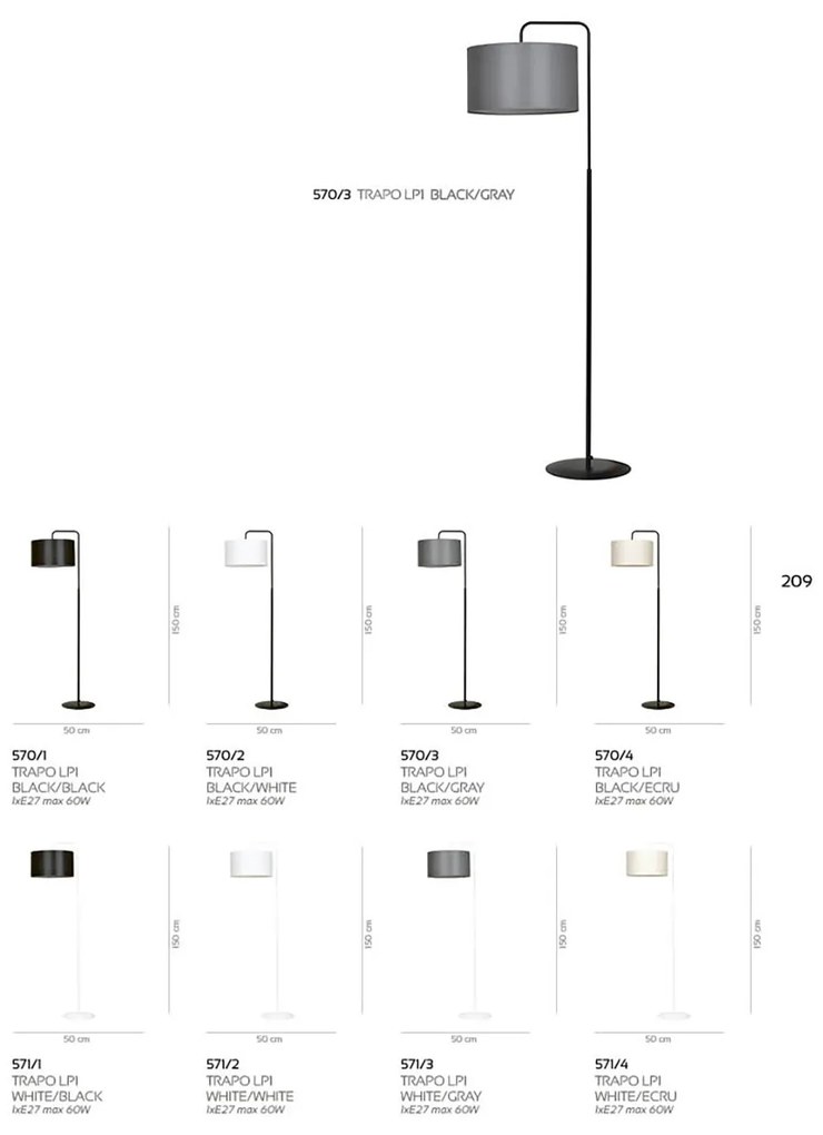 Piantana Contemporaneo Sigfrido Acciaio Nero Bianco 1 Luce E27 Ip20