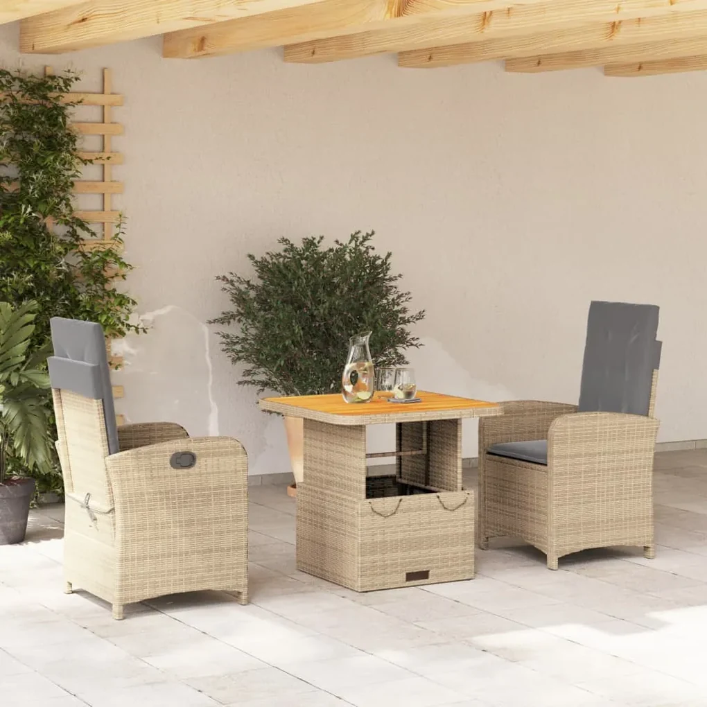 Set da pranzo da giardino 3 pz con cuscini beige in polyrattan