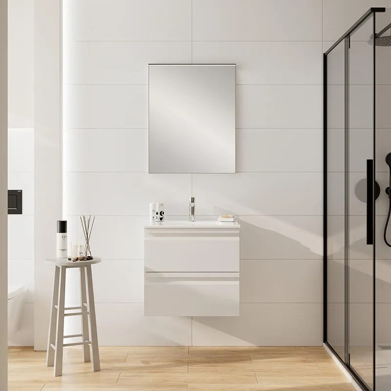 Mobile bagno sospeso con lavabo L 60 x H 56 x P 46 cm bianco opaco in mdf 2 cassetti per vasca centrale Pull, piedini non inclusi