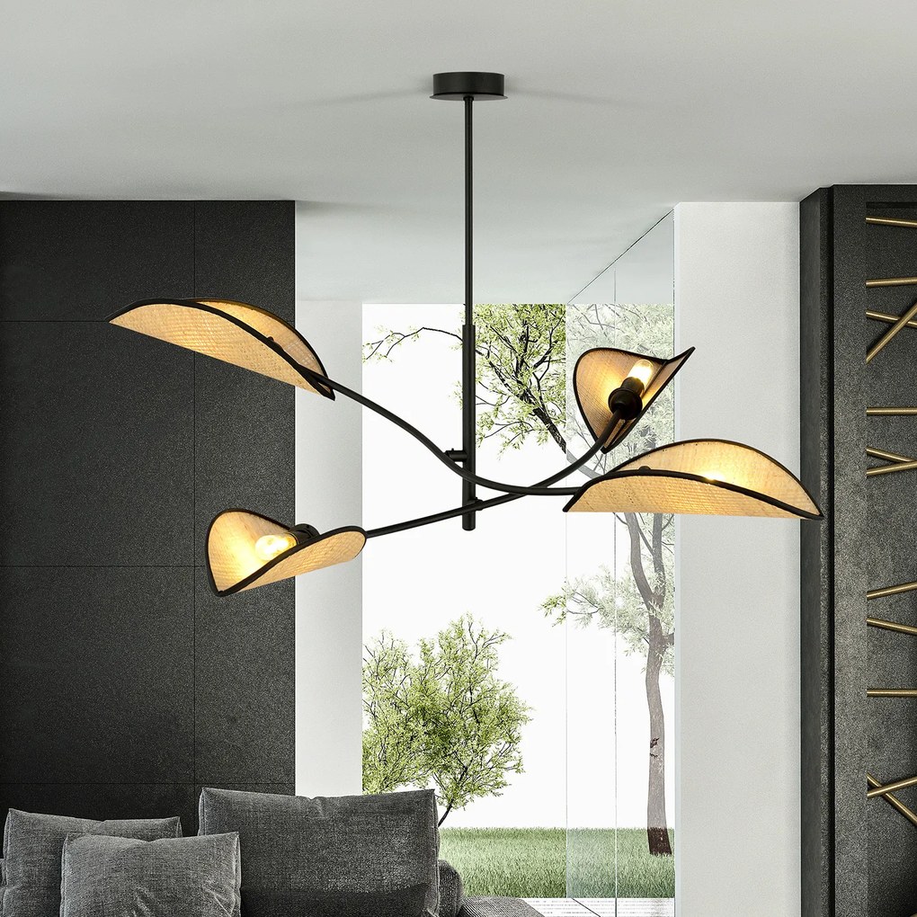 Sospensione Nordica 4 Luci Ares In Acciaio E Rattan Con Bracci Regolabili