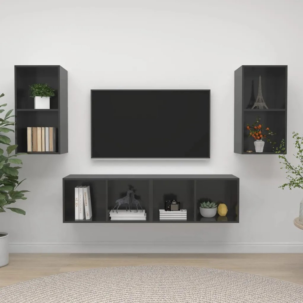 Mobile Tv A Parete 4 Pz Grigio Lucido İn Truciolato /