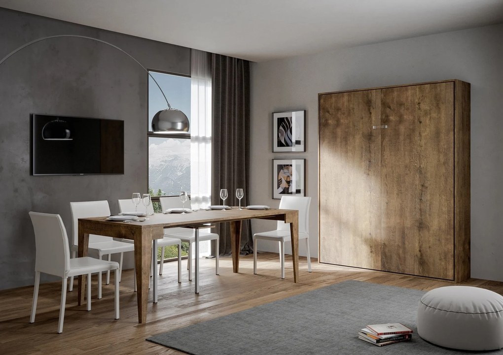Letto matrimoniale a scomparsa 160 verticale Kentaro con colonna e pensili, Noce / Colonna