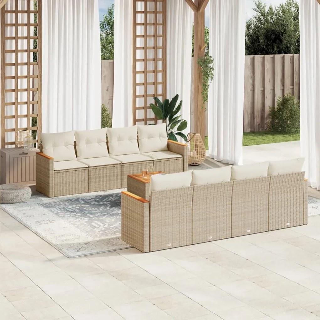 Set divano da giardino 9 pz con cuscini beige in polyrattan
