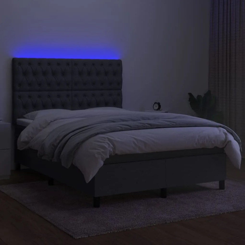 Letto a Molle Materasso e LED Grigio Scuro 140x190cm in Tessuto