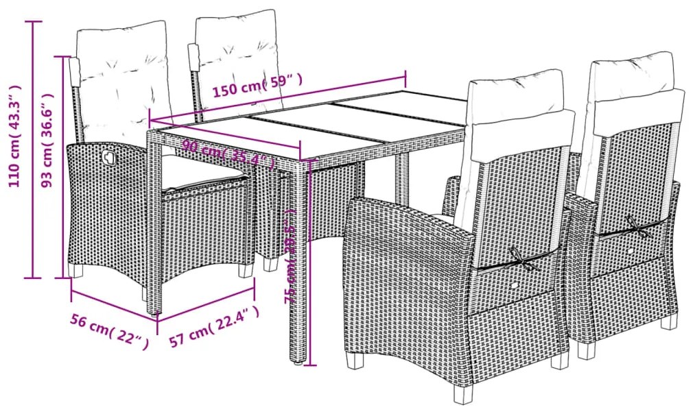 Set da Pranzo da Giardino 5 pz Nero con Cuscini in Polyrattan