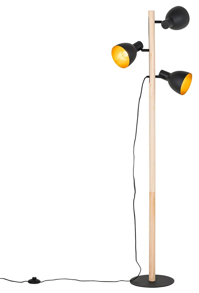 Lampada da terra rustica nera con legno 3 luci - Flint