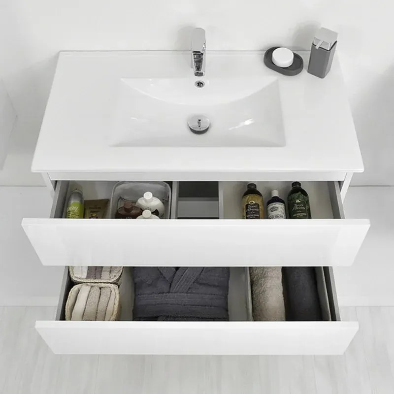 Mobile bagno sospeso 90 cm Duble bianco lucido completo di lavabo e specchio